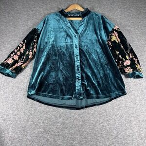 Women's Green Velvet Button Up Velvet Burn Out Floral Sleeves Boho Size S